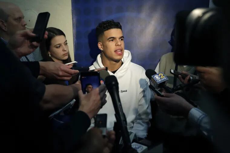 Michael Porter Jr. speaks to reporters at the NBA draft combine.