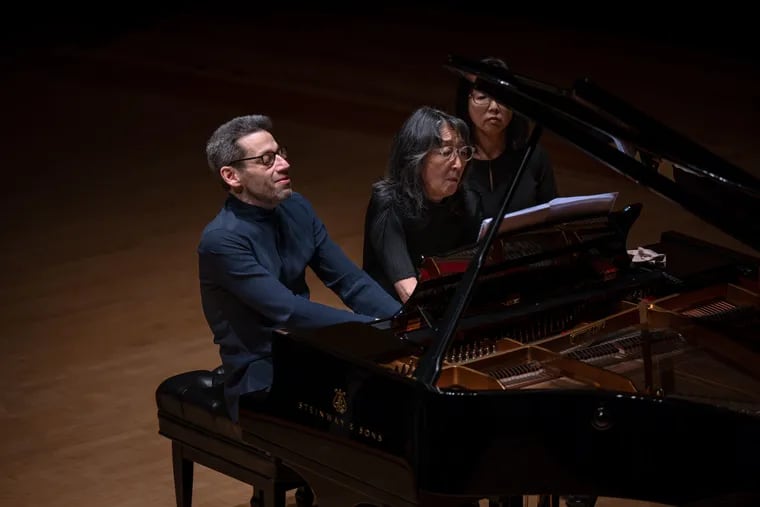 Pianists Jonathan Biss and Mitsuko Uchida performing Schubert in a four-hand recital for the Philadelphia Chamber Music Society Friday in the Kimmel's Perelman Theater.