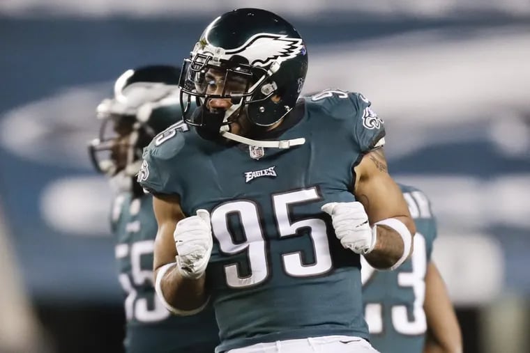 Eagles outside linebacker Mychal Kendricks celebrating a stop against the Atlanta Falcons in a playoff game in January.