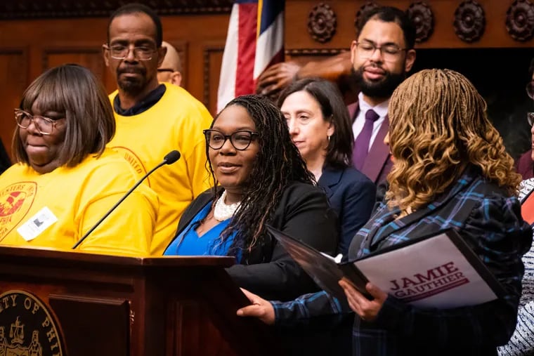 City Councilmember Kendra Brooks, of the Working Families Party, speaks at a press conference about the Eviction Diversion Program at City Hall on Wednesday.
