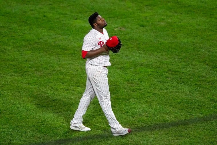Phillies pitcher, Héctor Neris, gestures at the end of the game against the New York Mets at Citizens Bank Park in Philadelphia, Pa. Phillies won the game 4-1. Tuesday, September 15, 2020.