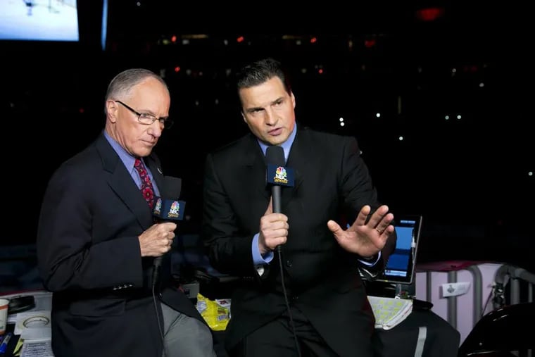 On Sunday, NBC NHL analyst Eddie Olczyk (right), seen here with play-by-play announcer Mike Emrick, will make his playoff debut in the booth in Philadelphia following a battle with colon cancer.