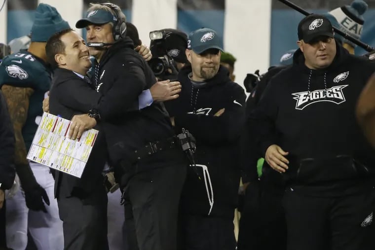 Howie Roseman and Coach Doug Pederson with 45 seconds left on the clock at the end of the fourth quarter of the NFC Championship game between the Philadelphia Eagles and the Minnesota Vikings, Sunday, Jan. 21, 2018, in Philadelphia.