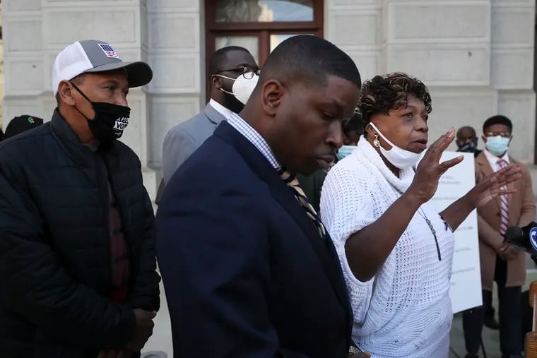 Gwen Carr, mother of Eric Garner, the man who was killed at the hands of NYPD in 2014, speaks during a press conference in front of City Hall on Friday, Nov. 06, 2020. Carr was speaking in place of the mother of Walter Wallace Jr., who was shot and killed by Philadelphia police on Oct. 26. His funeral is tomorrow.