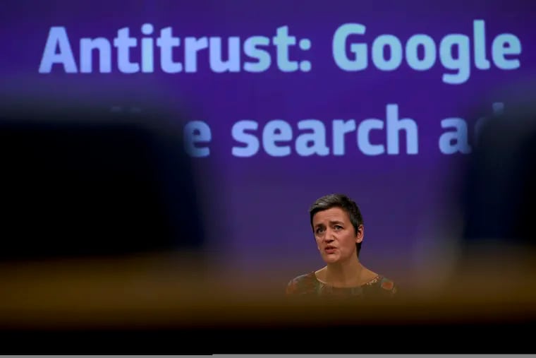 European Competition Commissioner Margrethe Vestager speaks during a media conference at EU headquarters in Brussels, Wednesday, March 20, 2019. European Union regulators have hit Google with a 1.49 billion euro ($1.68 billion) fine for abusing its dominant role in online advertising.