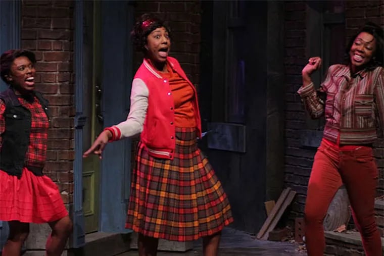 In &quot;Little Shop of Horrors&quot; at Bristol Riverside Theatre are girl-group trio (from left) Candace Thomas, Lindsey Warren, and Berlando Drake.