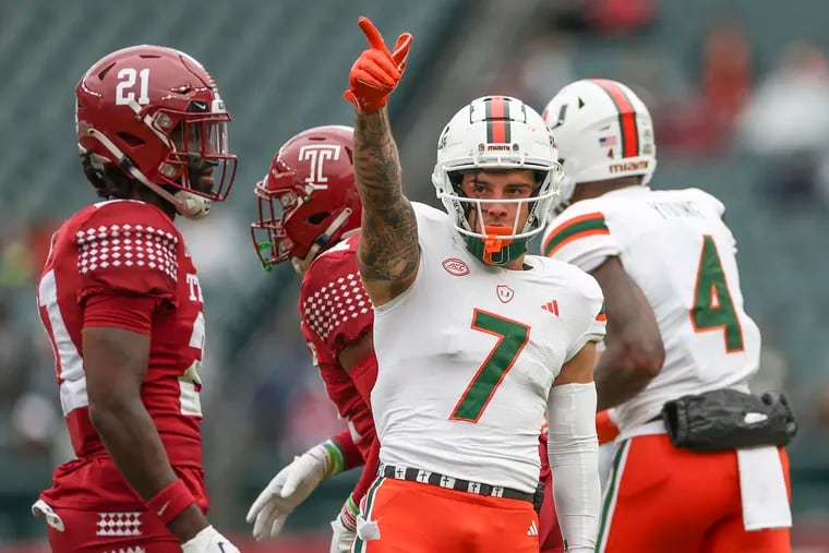 Miami wide receiver Xavier Restrepo signals a first down against Temple on Saturday at Lincoln Financial Field.