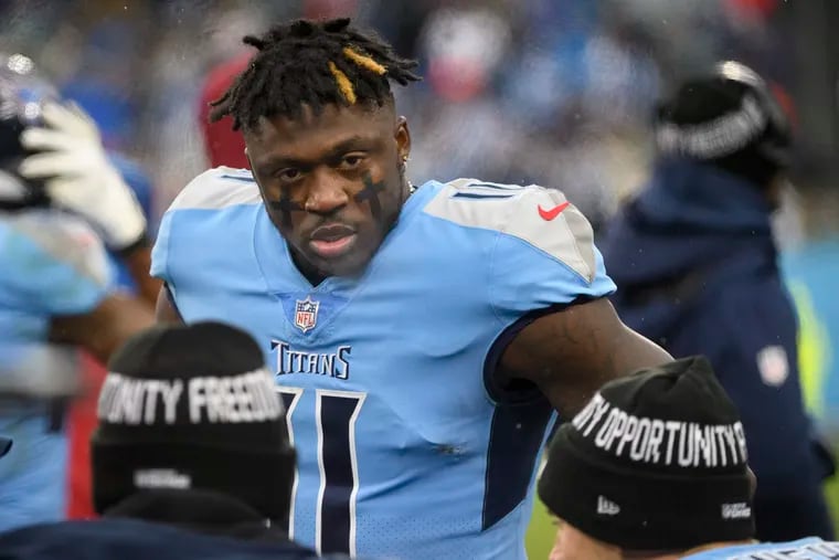 Tennessee Titans wide receiver A.J. Brown (11) is shown on the sideline during an NFL football game against the Miami Dolphins, Sunday, Jan. 2, 2022, in Nashville, Tenn.