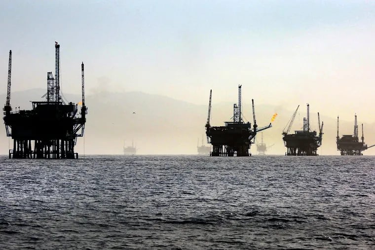 A line of off-shore oil rigs in the Santa Barbara Channel near the Federal Ecological Preserve en route to the Channel Islands National Marine Sanctuary in March 2015.