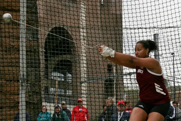 Jazmine Fenlator of Rider competes in the college women&#0039;s hammer throw. Shanna Dickenson of Tennessee won the event.