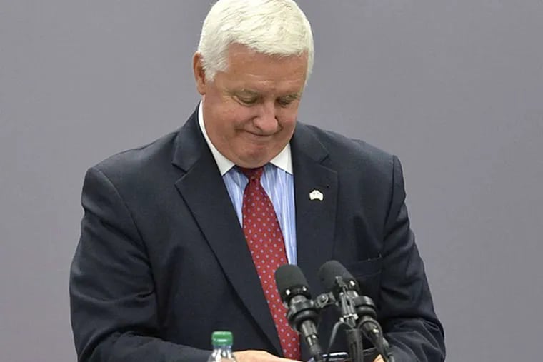 Gov. Corbett silences his phone during a speech in Erie yesterday. He likewise declined a call from union president Wendell Young IV. (ASSOCIATED PRESS)