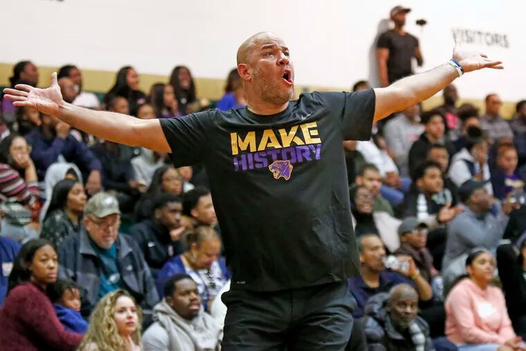 Camden coach Rick Brunson reacts to a call during the third quarter of a basketball game against Camden Catholic on Saturday, Jan. 11, 2020, at Camden Catholic in Cherry Hill. Camden went on to win, 65-25.