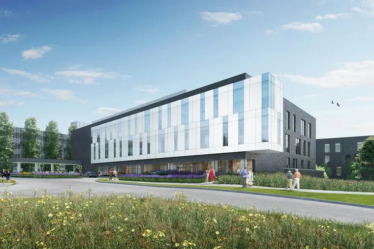 Penn Medicine broke ground Friday on a $200 million outpatient center in Radnor. Shown is an artist's rendering of the entrance.