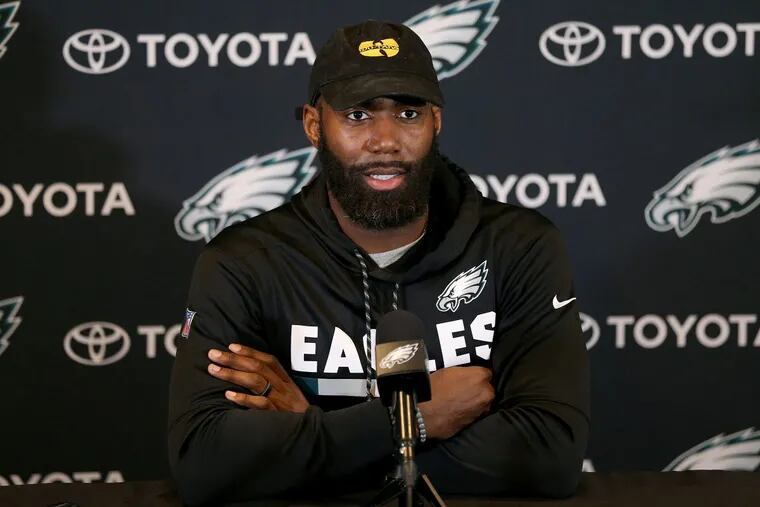 Eagles safety Malcolm Jenkins speaks during a news conference at the NovaCare Complex in South Philadelphia on Tuesday, April 17, 2018. TIM TAI / Staff Photographer