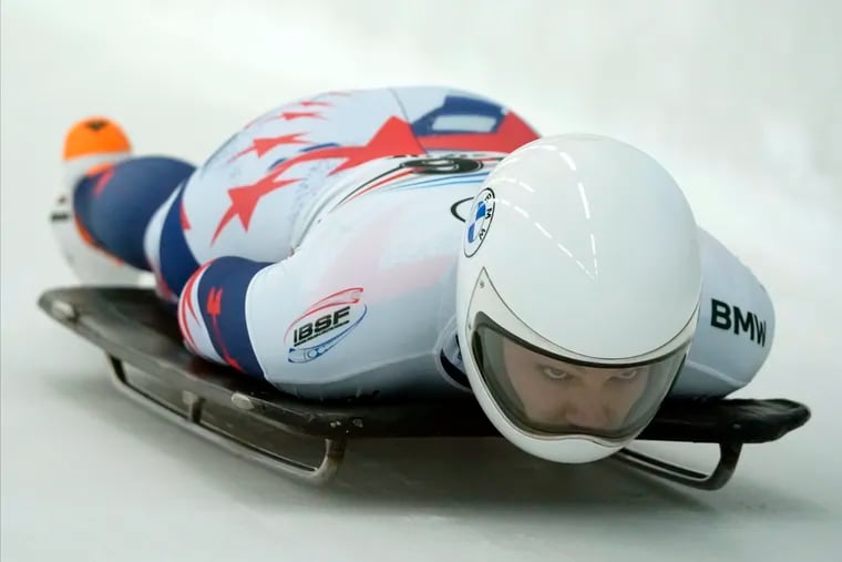 Kelly Curtis of the United States speeding down the track during the women's Skeleton World Cup race in Sigulda, Latvia, in December.