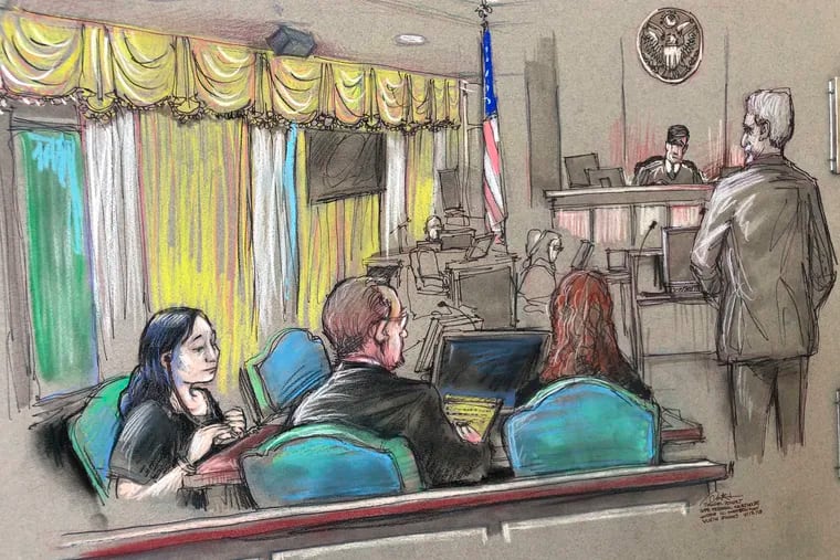 In this court sketch, Yujing Zhang (left), a Chinese woman charged with lying to illegally enter President Donald Trump's Mar-a-Lago club, listens at a hearing Monday, April 15, 2019, before Magistrate Judge William Matthewman in West Palm Beach, Fla. Zhang was denied bail and considered an "extreme flight risk" at the court hearing.