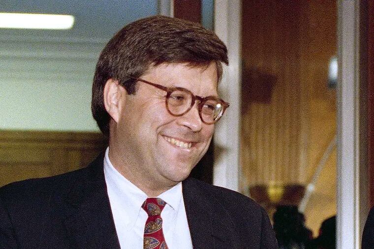 FILE - In this Nov. 12, 1991 file photo, then Attorney General nominee William Barr is shown on Capitol Hill in Washington. Barr once advised the U.S. government that it could attack Iraq without Congressional approval, arrest a deposed foreign dictator and capture suspects abroad without that country’s permission. Those decisions reflect a broad view of presidential power that Barr, President Donald Trump's pick to reclaim his old attorney general job, demonstrated at the Justice Department and in the years since.  (AP Photo/John Duricka)