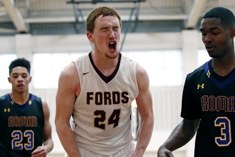 Haverford School's Christian Ray exults after the Fords hit a three-pointer against Roman Catholic in the fourth quarter of the championship game of the Don McBride Classic basketball tournament Saturday, Dec. 10, 2016 at Haverford. Roman went on to win, 66-60.