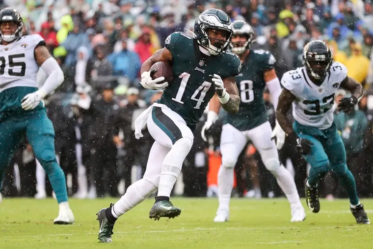 Philadelphia Eagles running back Kenneth Gainwell (14) runs for a touchdown during the second quarter of the Philadelphia Eagles game against the Jacksonville Jaguars at Lincoln Financial Field in Philadelphia, Pa. on Sunday, October 2, 2022.