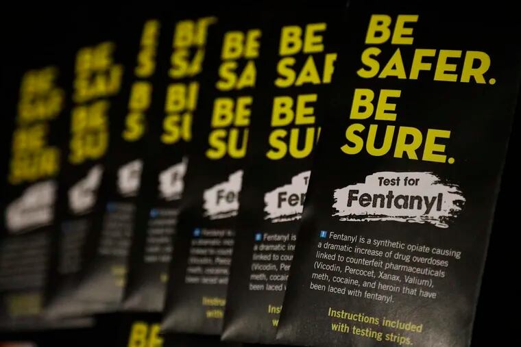 Samples of testing strips for fentanyl were made available by the Los Angeles LGBT Center during a town hall Feb. 12 at the West Hollywood City Council chambers.