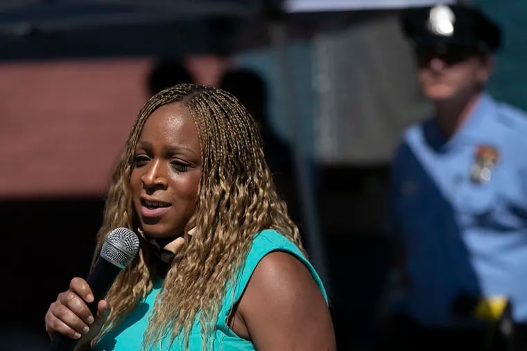 City Councilmember Jamie Gauthier, who represents much of West and Southwest Philadelphia, speaks during a rally against gun violence at Mitchell Elementary in Southwest Philadelphia on Wednesday, May 19, 2021.