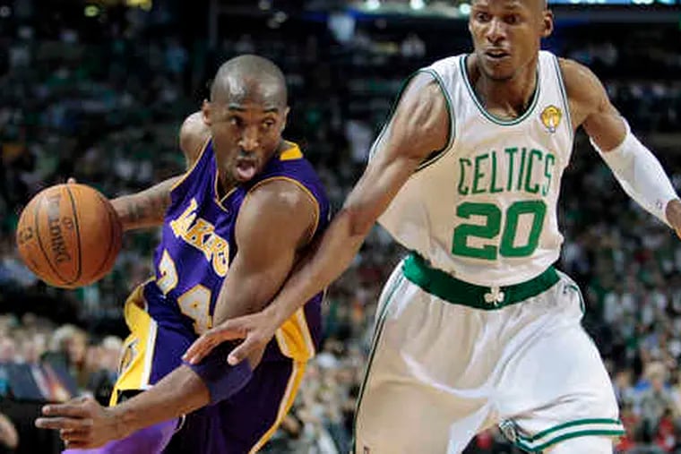 Lakers guard Kobe Bryant drives against the Celtics' Ray Allen. Game 4 of the NBA Finals ended too late for this edition.