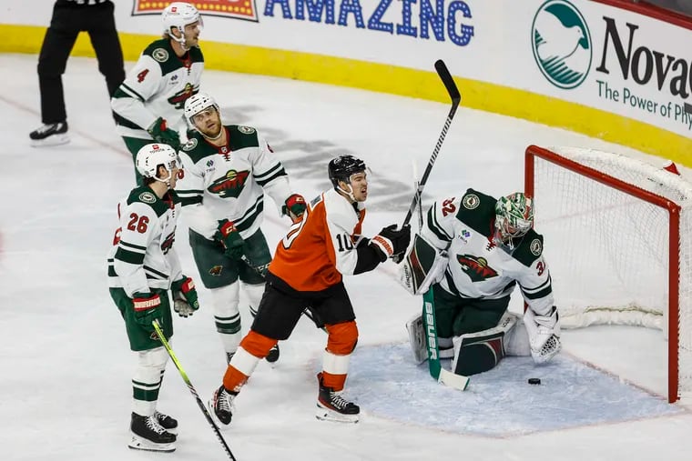 Bobby Brink celebrates after scoring his first NHL goal on Wild goalie Filip Gustavsson during a power play during the second period at the Wells Fargo Center in Philadelphia, Thursday, October 26, 2023.