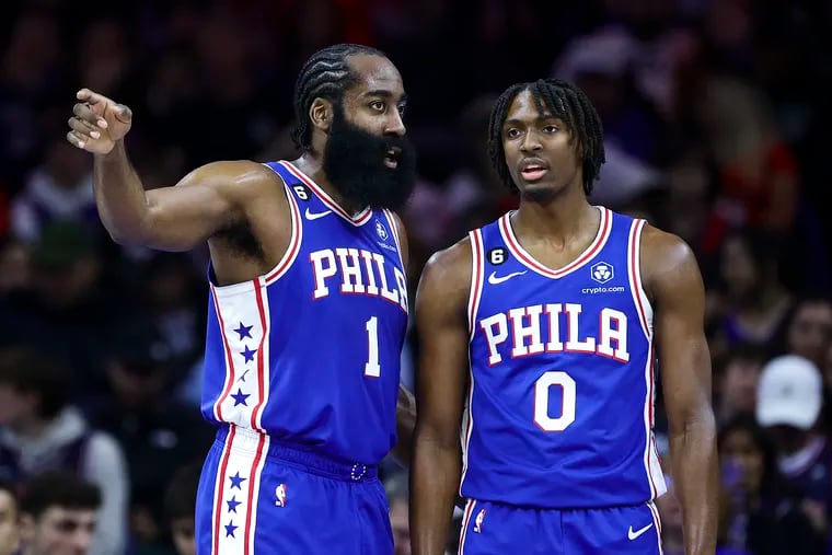 James Harden (left) and Tyrese Maxey of the 76ers talking during the first quarter against the Indiana Pacers last week.