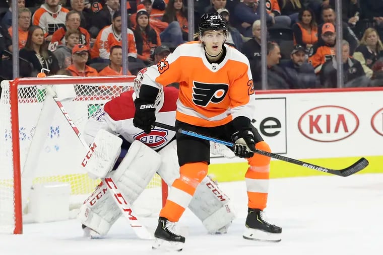 Flyers left winger Oskar Lindblom, shown getting position on Montreal goalie Carey Price earlier this season, skated with the team in Toronto on Sunday.
