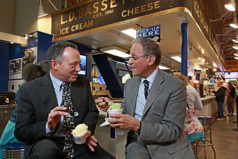 Export-Import Bank president Fred Hochberg (right), far from the battles of D.C., has a cup of ice cream with Bassetts president Michael Strange.