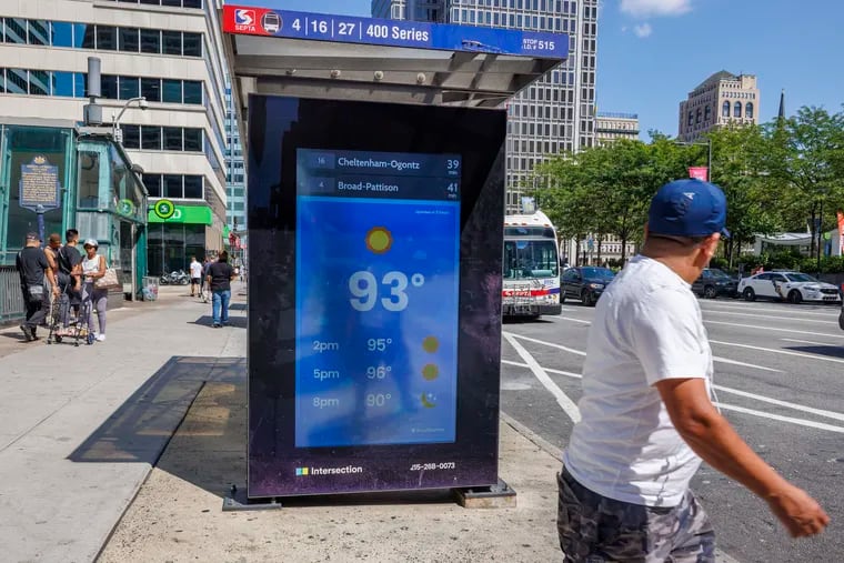 A bus shelter at 15th Street near Market on Wednesday when the temperature tied a record in Philly.