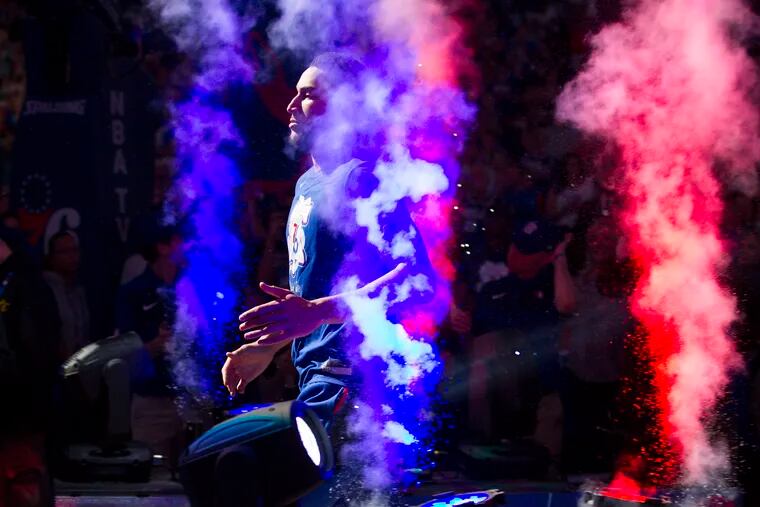 Ben Simmons of the Sixers is introduced as aprt of the starting lineup against the Nets during their NBA playoff game at the Wells Fargo Center on April 13, 2019.