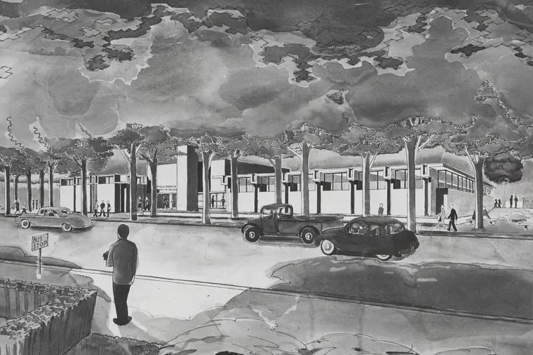 An early rendering of the Wynnefield branch library, which was designed by Montgomery, Bishop & Arnold and opened in 1964.