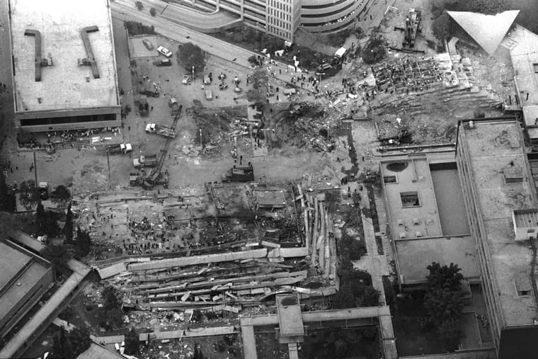 This aerial view of downtown Mexico City shows destroyed buildings and rubble in the streets after the devastating earthquake of Sept. 19, 1985.