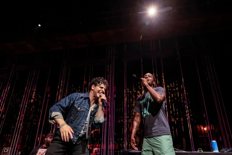 Philly rapper Chill Moody at right performing with rock and roller Low Cut Connie during a new series at the Mann called Downstage at the Mann. Thursday, June 29, 2023
