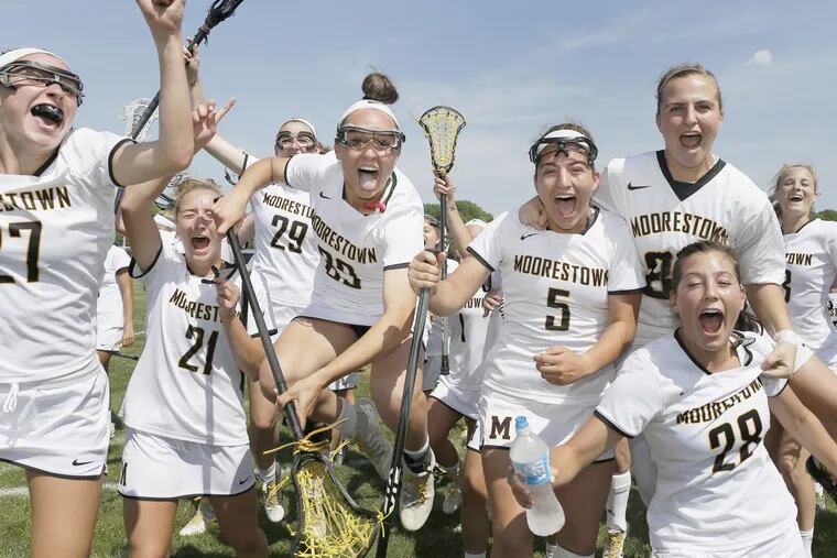 The Moorestown girls celebrate after beating Ocean City.