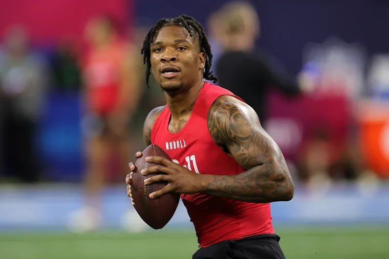 Quarterback Anthony Richardson looks downfield during his workout at the NFL Scouting Combine on Saturday. Richardson started just one season at the University of Florida but is among the favorites to be selected first in the 2023 NFL Draft. (Photo by Stacy Revere/Getty Images)