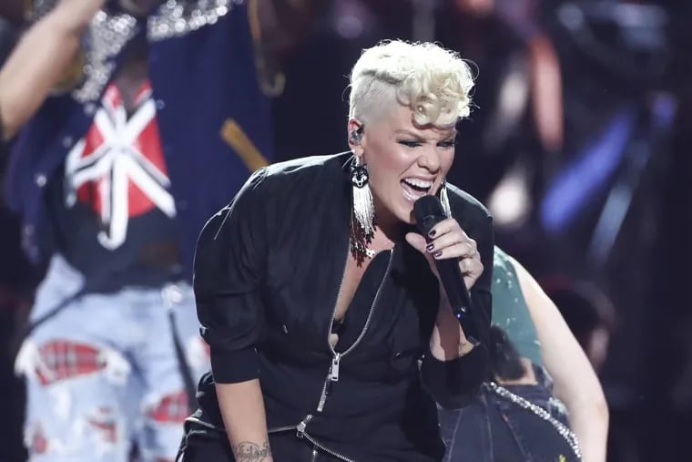 In this Sept. 22, 2017, file photo, Pink performs at the 2017 iHeartRadio Music Festival Day 1 held at T-Mobile Arena in Las Vegas.