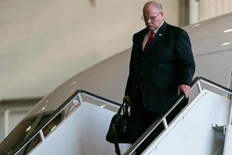 Chiefs coach Andy Reid arrived at Miami International Airport on Sunday with his team for Super Bowl LIV. Reid is the seventh-winningest coach in NFL history, but still is looking for his first Super Bowl title.
