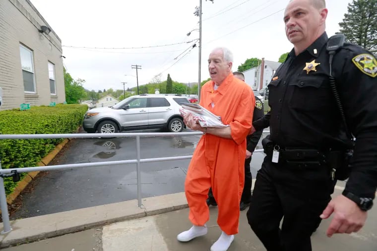 Former Penn State assistant football coach Jerry Sandusky arrives at Centre County Courthouse in Bellefonte, Pa., Monday, May 2, 2016. DAVID SWANSON / Staff Photographer