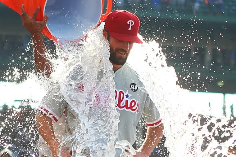 Cole Hamels was doused with water after throwing a no-hitter against the Chicago Cubs at Wrigley Field in July 2015.