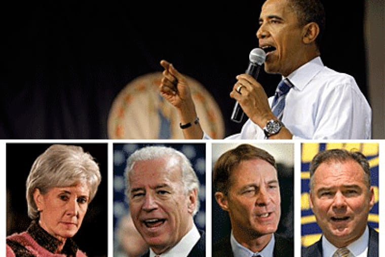 Those handicapping the race say that Democratic presidential candidate Sen. Barack Obama is looking at these people as a possible vice president: Kansas Gov. Kathleen Sebelius (from left), Delaware Sen. Joe Biden, Indiana Sen. Evan Bayh and Virginia Gov. Tim Kaine. (AP Photo)