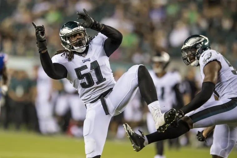 Eagles defensive end Steven Means celebrates making a play in a preseason game against the Bills.