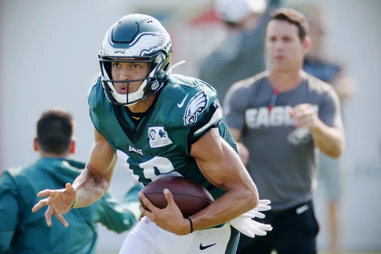 Wide receiver Mack Hollins runs a drill during Eagles training camp at the NovaCare Complex in South Philadelphia on Saturday, July 27, 2019.