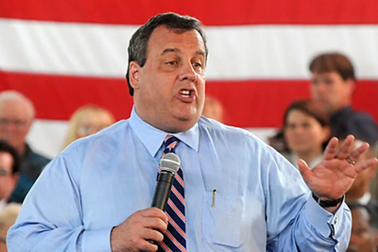 Gov. Christie, shown at a May 24 town meeting in Cherry Hill, flew in a state police helicopter to his son's high school baseball game on Tuesday.  (Tom Gralish / Staff Photographer)