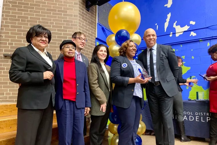 At a Philadelphia School DIstrict celebration of school performance and growth, (L-R) City Councilwoman Jannie Blackwell; school board members Julia Danzy, Lee Huang and Maria McColgan; Middle Years Academy Principal Shakae Dupre-Campbell; and Superintendent William R. Hite Jr. recognize MYA's accomplishments.