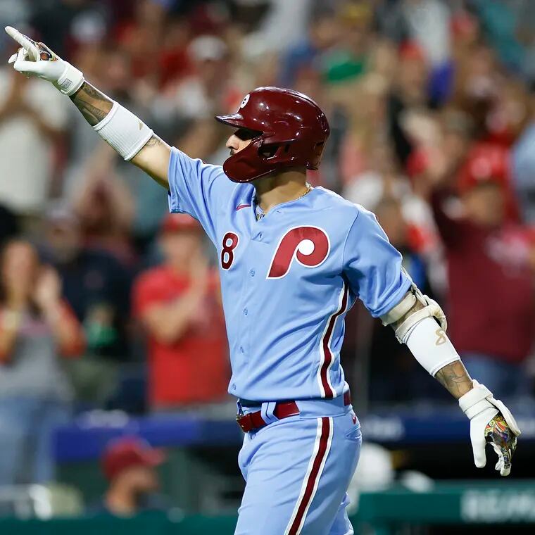 Phillies Nick Castellanos points after hitting a sixth inning solo home run.