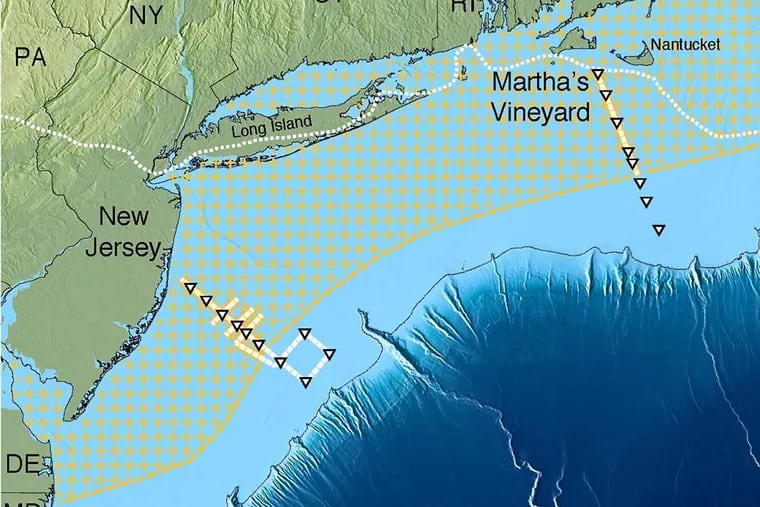 Scientists say there is a huge aquifer of near-fresh water beneath the ocean floor off the coasts of New Jersey, New York, and New England, as marked in this image by yellow crosses. The white lines extending out from New Jersey and Martha's Vineyard mark the route of a research vessel that took measurements. The dotted white line running east-west near the shore shows the edge of the glacial ice sheet that melted about 15,000 years ago.