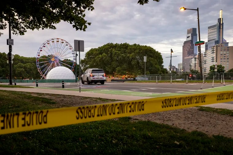 The scene around the Philadelphia Museum of Art and Eakins Oval on the morning after two police officers were injured by gunfire during the 4th of July celebration and fireworks on the Ben Franklin Parkway. This photo was taken on Tuesday morning July 5, 2022.