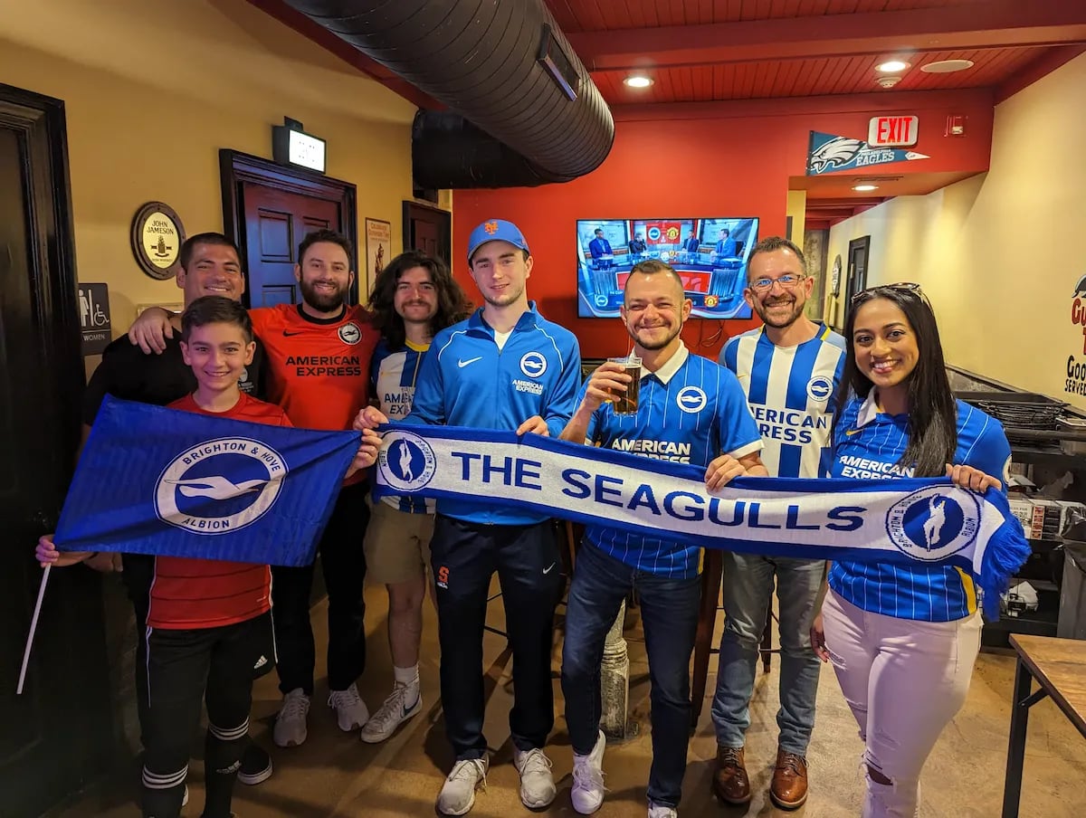 John Fitzpatrick (center-right) and the Philly Seagulls, the Brighton & Hove Albion FC's supporters club in Philadelphia.